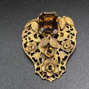 Antique Art Deco Gold Tone Fur Clip Dress Clip w/ Amber Glass Stone Filigree